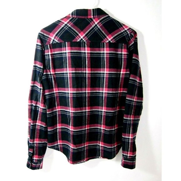 Paige Womens Top Shirt S Flannel Plaid Navy Blue Pink Long Sleeve Button Collar - Picture 3 of 5